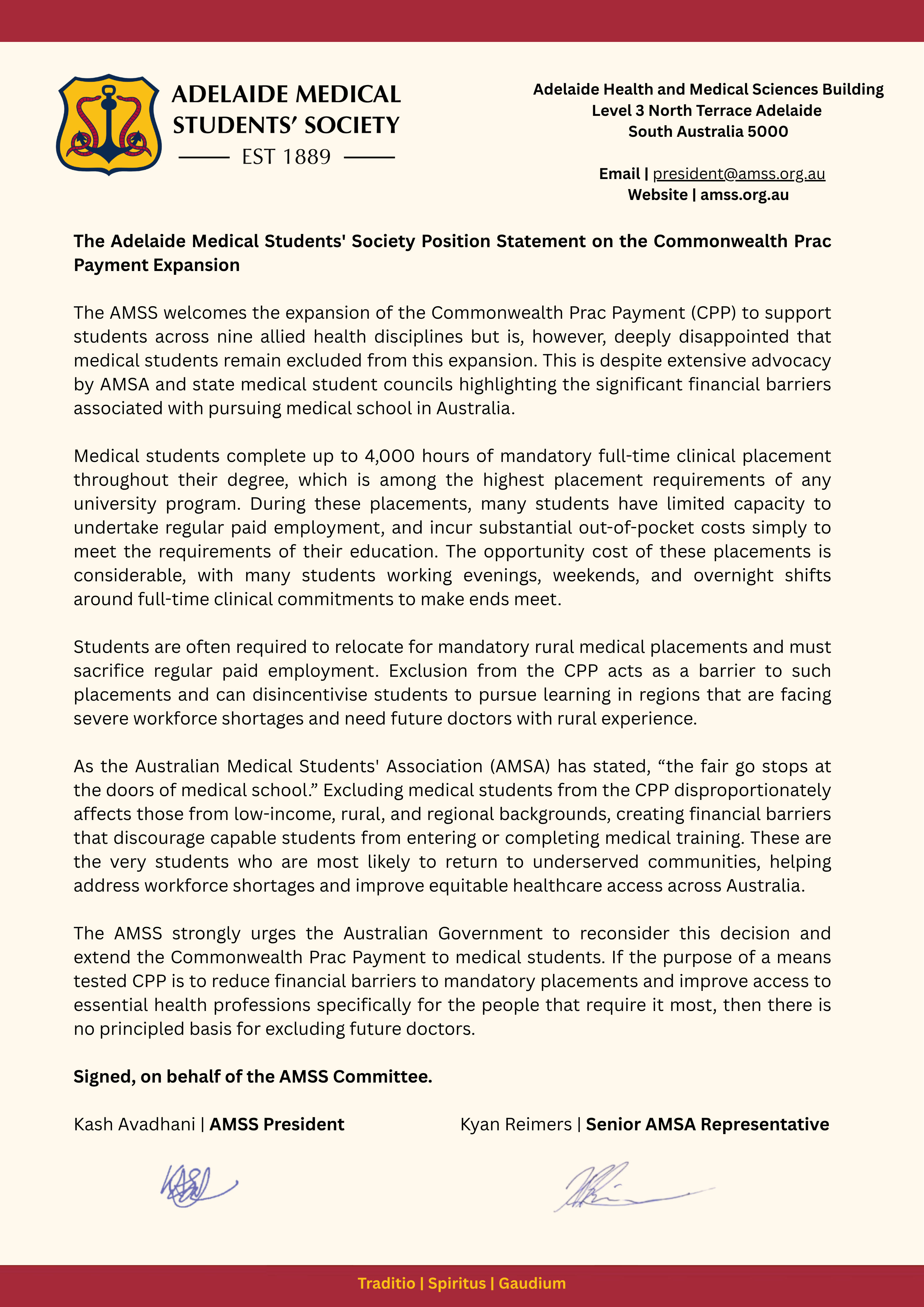 The Adelaide Medical Students' Society Position Statement on the Commonwealth Prac Payment Expansion